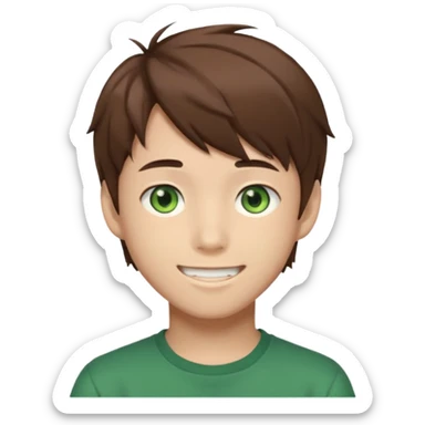 Discord emoji. the face of an Anime asian style teen boy with brown hair, green eyes, looking smiling slightly sideways positioned. Face must be main filling of the frame.  128px sticker