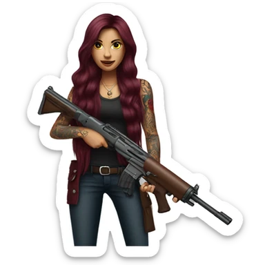 Beautiful tattooed burgundy long haired woman with a gun sticker
