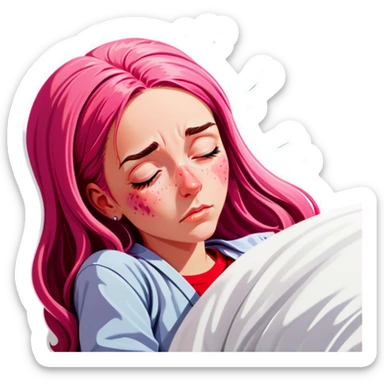 Young Woman with long pink hair In bed with sinus pain  sticker