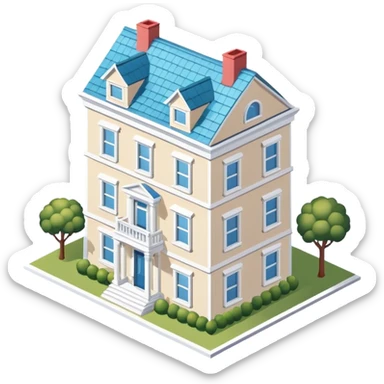 Upper East Side white townhouse exterior, isometric dollhouse-style, realistic sticker