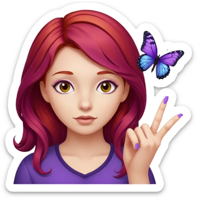 Purple butterfly resting on red haired girl finger sticker