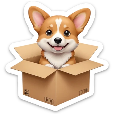  A very cute young corgi  with one's head tilted to one side poked its paws out of the cardboard big box and placed them on top of it sticker