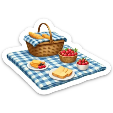picnic scene with a blanket, basket, and food outdoors sticker