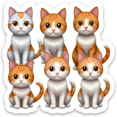 six cats of different colours: 1 small ginger and white, 1 small brown tabby and white, 1 small grey and white, 1 big grey and white, 1 mostly grey with white paws and small white patch on chest and 1 calico sticker