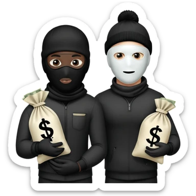 Two men one with white skin color and the other black skin color and both wearing black Ski masks holding money bag sticker