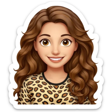 30 yr old italian woman, long brown wavy hair, big brown eyes, huge smile, animal print shirt, no bangs,  sticker
