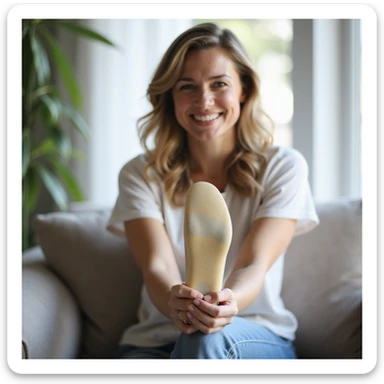 realistic style adult smiling woman showing relief and well-being in foot thanks to orthopedic insole, relaxed posture, insole visible in shoe, bright and positive environment sticker