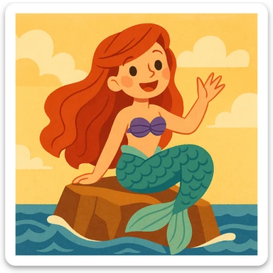The little mermaid, smiling and waving from a rock, in a soft, storybook illustration style. sticker