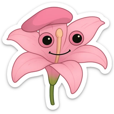 Create two versions of a lily flower: one pink and one maroon, in the style of green bufo frog meme. The style is bufo-like with no background. sticker