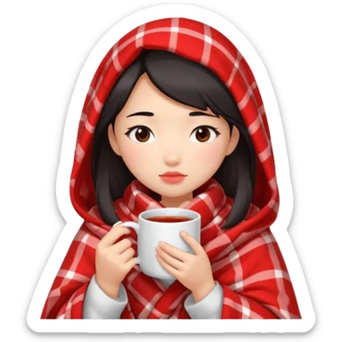cute and sexy asian girl, feeling sick up, nose and cheecks red by blush, covered by blanket, holding tea mug in hands sticker