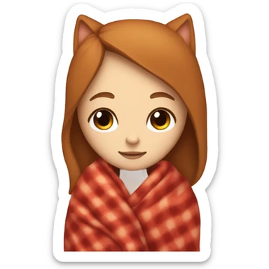 A white girl with brown hair sleeps with a red cat in a blanket sticker