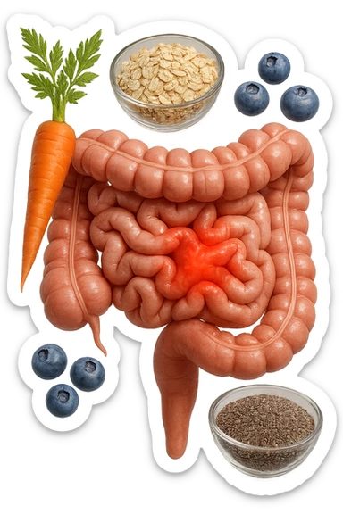 intestino umano anatomico infiammato al centro con carota, bowl di avena, mirtilli, bowl di semi di chia che gli fluttuano intorno , iperrealistico 4k sticker