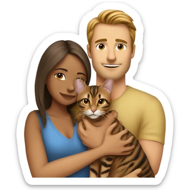 A man hugs a brown-haired skinny hot woman and a bengal cat sticker