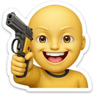 Yellow laughing face pointing gun at side of the head sticker