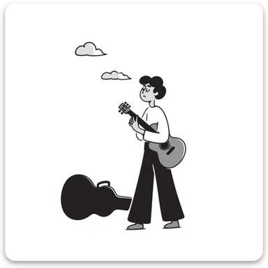 A musician playing guitar with head tilted up towards the sky, with clouds in the background, sad worried expression on face, concerned look, hoping for an opportunity sticker