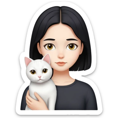A girl with short black middle parted  hair parted in the middle, fair skin, and a white cat. sticker