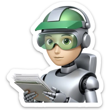 human like robot accountant with green Green eyeshades visor holding spreadsheets sticker