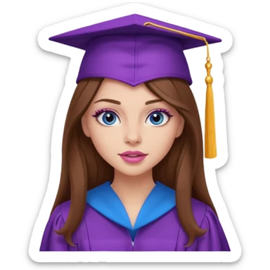 girl with gorgeous long brown hair, blue eyes, long lashes makeup, sexy pink lips, wearing a purple graduation cap and gown sticker
