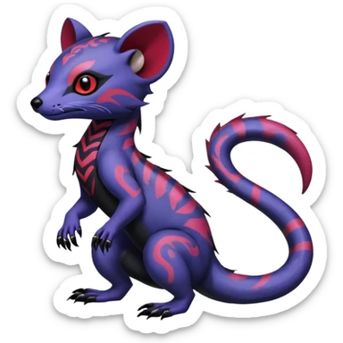 Rare warm-colored exotic gloomy tropical edgy cute epic aesthetic spooky indigo violet white black red gothic colorful Salandit-Noibat-Civet-species-Fakemon-hybrid-creature, with tribal tattoo markings, full body sticker