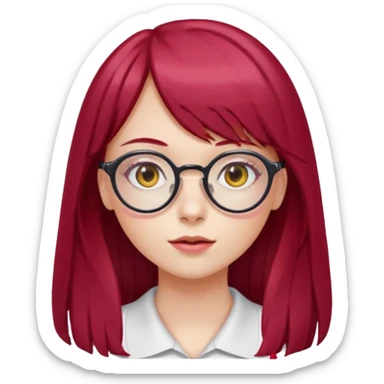 Menina com cabelos longos vermelho Cherry, liso com franja,olho direito ROSA e olho esquerdo amarelo,pele clara e com oculos  sticker