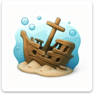 3D iPhone style emoji of a sunken ship underwater, lying on the ocean floor, broken details, surrounded by bubbles and soft blue water effect, isolated on white background, soft shadows, high detail, playful and cute. sticker