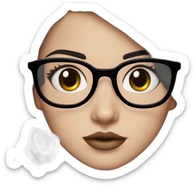 white girl, black straight hair, cat glasses, black eyed color, rose lips sticker