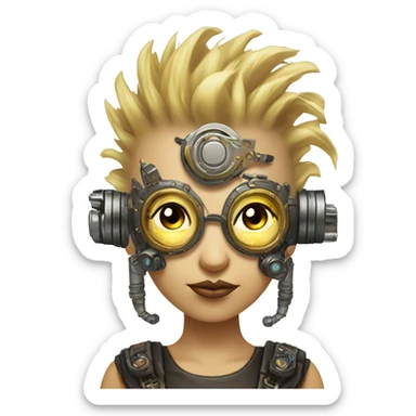 Light yellow Mohawk hair female cyborg head, tan skin, steampunk goggles and circuits sticker