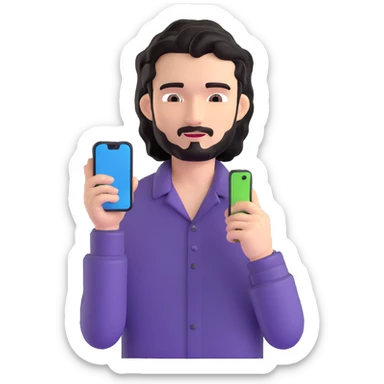 Business professional with black wavy hair, stubble, chiseled face, in casual attire with open collar shirt, relaxed pose with smartphone, warm approachable expression, modern and relatable for social media profile sticker