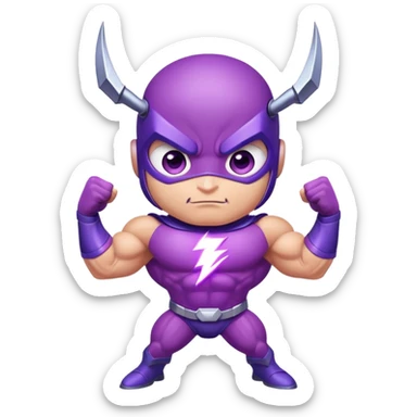 cute purple insect superhero with determined confident eyes, bulging biceps and muscles, electric lightning extending from arms, and a cool smirking expression sticker