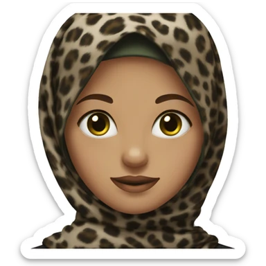 Girl wearing dark brown leopard hijab, green eyes, neck and hairline showing sticker