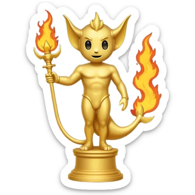 Minimalist emoji-style sticker of a full-body Oscar-like statue, completely gold, with small devil horns on the head and a pointed tail subtly wrapping around the leg. The statue stands on a dark pedestal surrounded by faint fire or smoke.  sticker