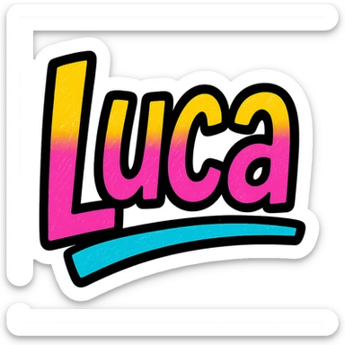 Luca name in modern colorful gradient font with dark outline, dynamic slanted or partial underline, transparent background, in the style of reference patterns sticker