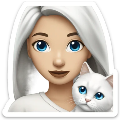woman with dark hair and holding a all white Siberian cat with blue eyes sticker