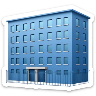 blue rectangular 9-story apartment building surrounded by fence, closed courtyard, minimal flat vector icon sticker