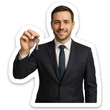 realistic style real estate agent wearing a suit, holding a house key, neutral background sticker