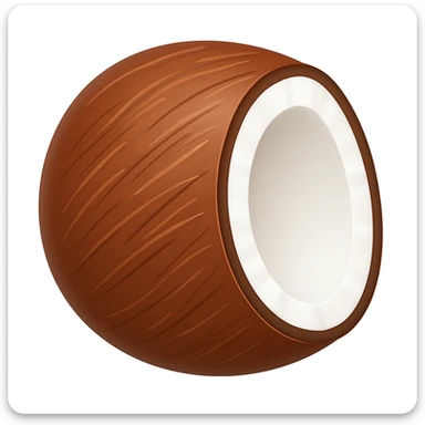 Create a coconut emoji that looks exactly like the reference image in the style of iOS emojis. The emoji should have a 3D appearance with shiny, smooth gradients, soft shadows, and a realistic coconut texture, capturing the classic emoji look. Add a glossy effect to the shell. sticker