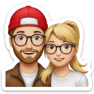 A girl with brown hair and glasses is in love with a blond guy in a red cap and a blond beard sticker