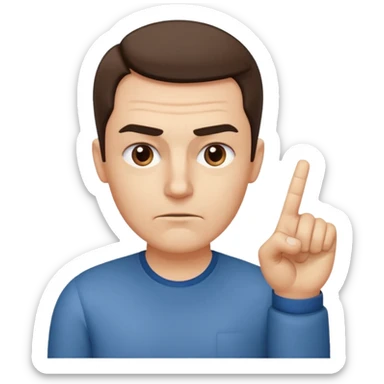 iOS-style 3D emoji: a person with slightly furrowed eyebrows, serious expression, head tilted forward, index finger raised and wagging, with motion lines around the finger to show movement sticker