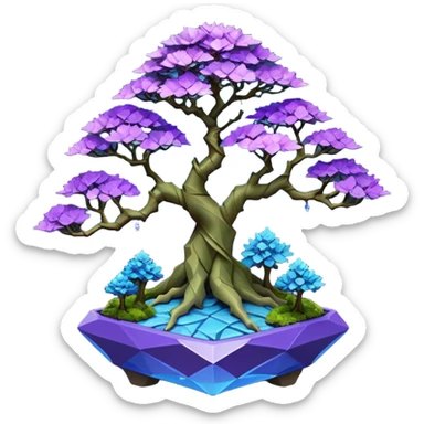 Futuristic wild glowing space alien moss maples Bonsai hair-fine-leaf group multi faceted intricate crystal inspired boxwood purple rose blue informal rocky cliffhanger eight trees forest planting in shallow origami slab style pot with big animal-like feet  sticker