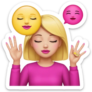 Yellow circle emoji sighing and drumming fingers up the side of their head the eye is closed it is a side profile pink lipstick and pink nails sticker