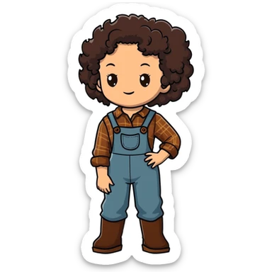 white girl with dark brown curly hair, brown eyes, wearing farm clothes sticker