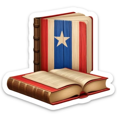 Elegant aged book with the Puerto Rican flag embossed on the cover, wooden theater stage symbol, vintage textured cover with warm wood and parchment tones, slightly glowing, representing the eternal legacy of scenic design in Puerto Rico sticker