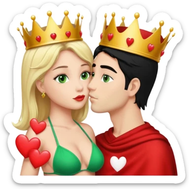 Blonde Queen with crown Green eyes Bikini whole body Kissing man black Hair Hearts  sticker