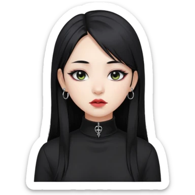 goth Asian girl, straight long black hair, lip piercing, black mock neck shirt sticker
