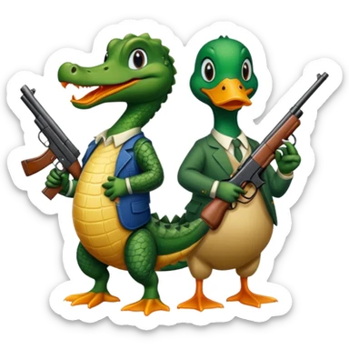 Alligator and a duck holding a gun sticker