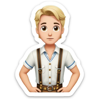 German person in Bavarian lederhosen shrugging with Sicily landscape in background sticker