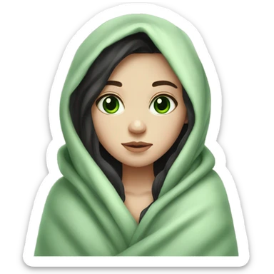 Pale girl with dark hair green eyes wrapped in a blanket cozy  sticker