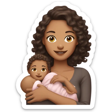 mom with light tan skin, shoulder length dark brown curly hair carrying 2 babies  sticker