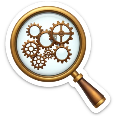 mechanical magnifying glass with steampunk design, cogs, shiny and playful, emoji style, no text sticker