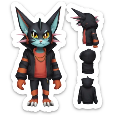 Cool Anthro Black Noivern-Nargacuga-Litten-cat-Pokémon with edgy stripes hoodie spiked collar punk Full Body sticker